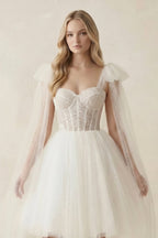 Robe de mariée courte ivoire en tulle sans manches à corset - Harana