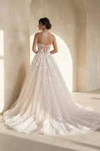 Robe de mariée white & nude longue sans manches en tulle - Harana