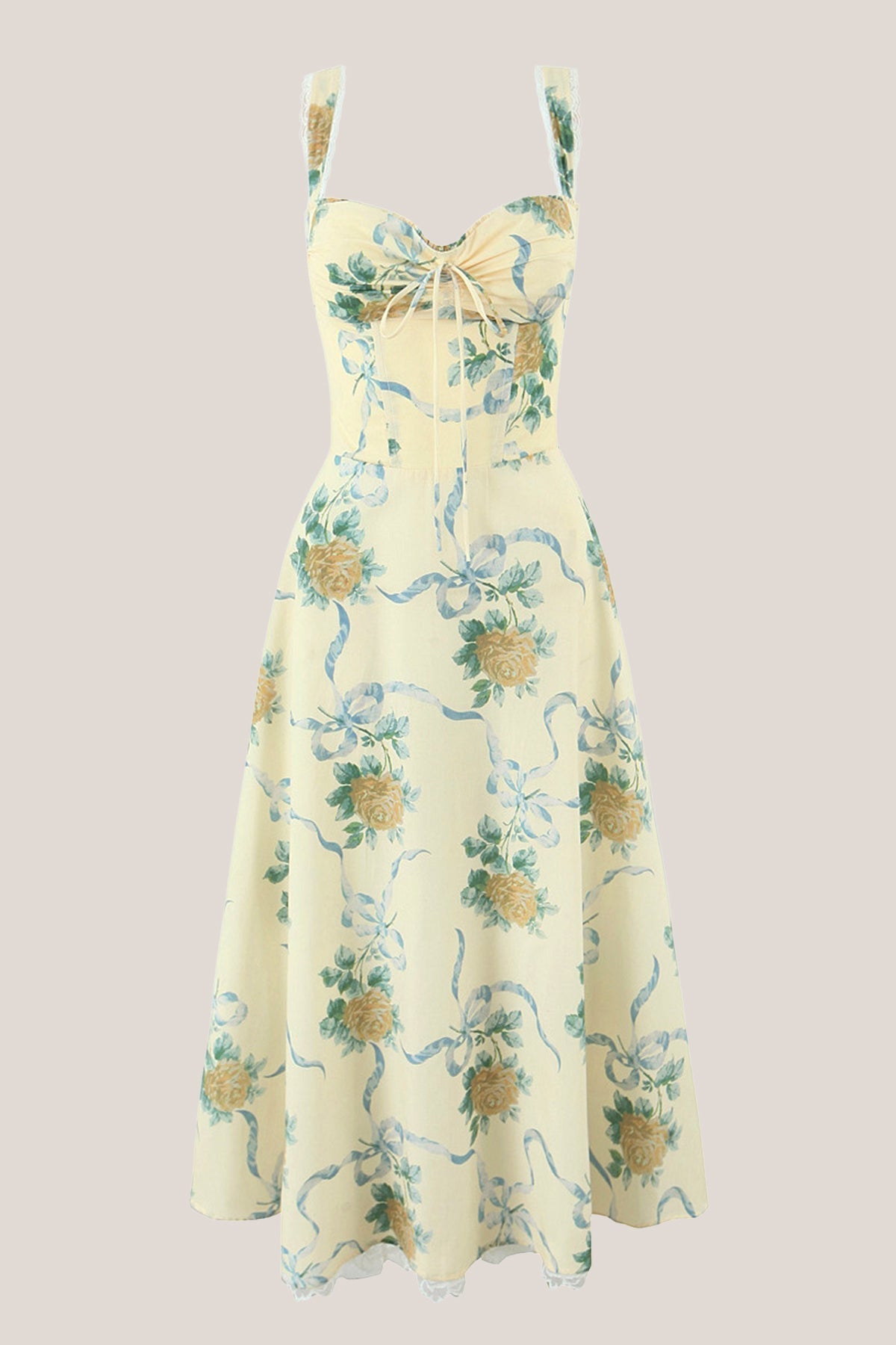 Robe jaune midi en coton à décolleté cœur et imprimé floral rétro - Harana