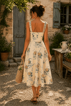Robe jaune midi en coton à décolleté cœur et imprimé floral rétro - Harana