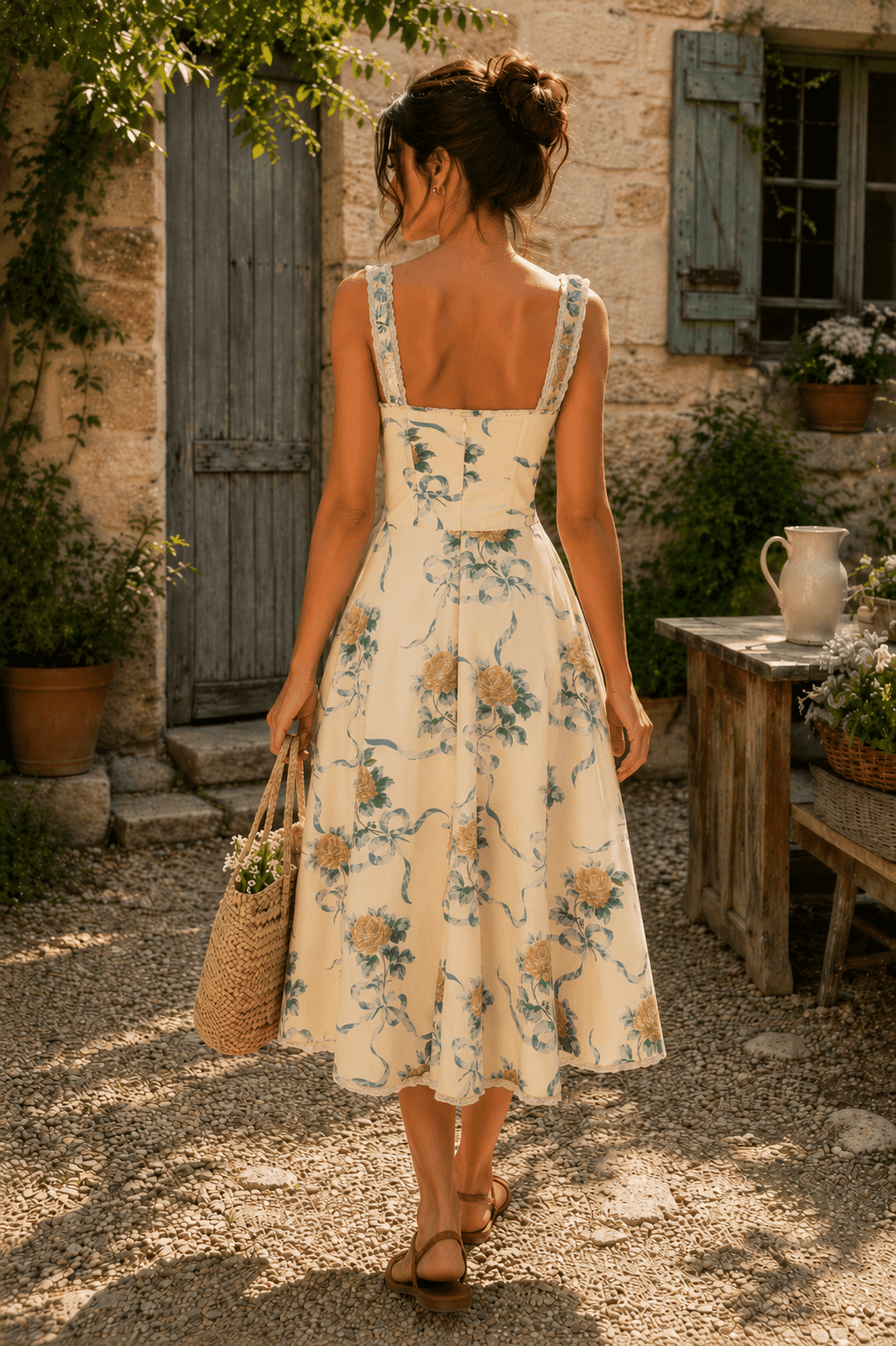 Robe jaune midi en coton à décolleté cœur et imprimé floral rétro - Harana