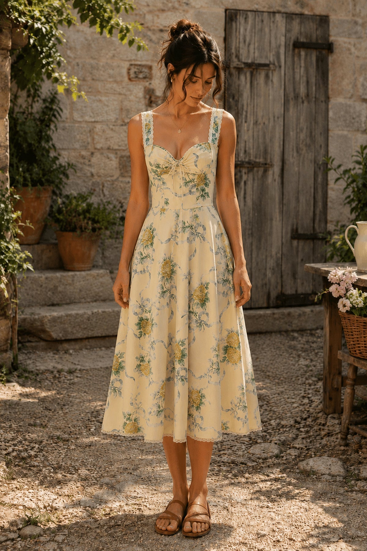 Robe jaune midi en coton à décolleté cœur et imprimé floral rétro - Harana