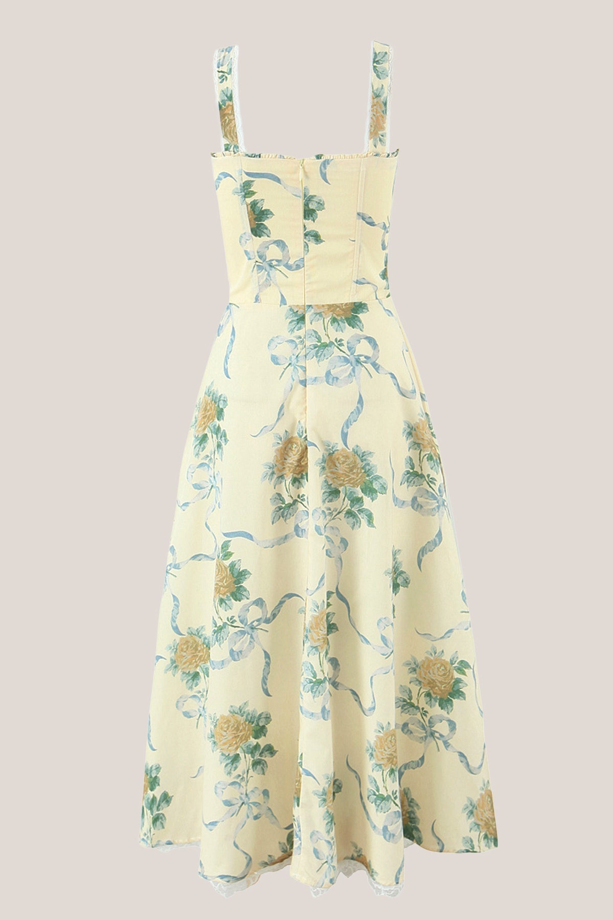 Robe jaune midi en coton à décolleté cœur et imprimé floral rétro - Harana
