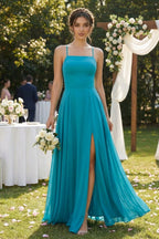 Robe demoiselle d’honneur blue jay longue à fines bretelles sans manches avec fente - Harana