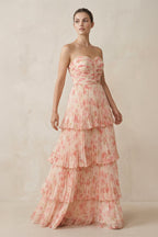 Robe demoiselle d’honneur pink floral longue sans manches plissée à volants - Harana