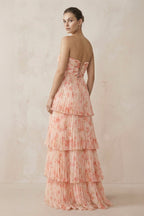 Robe demoiselle d’honneur pink floral longue sans manches plissée à volants - Harana
