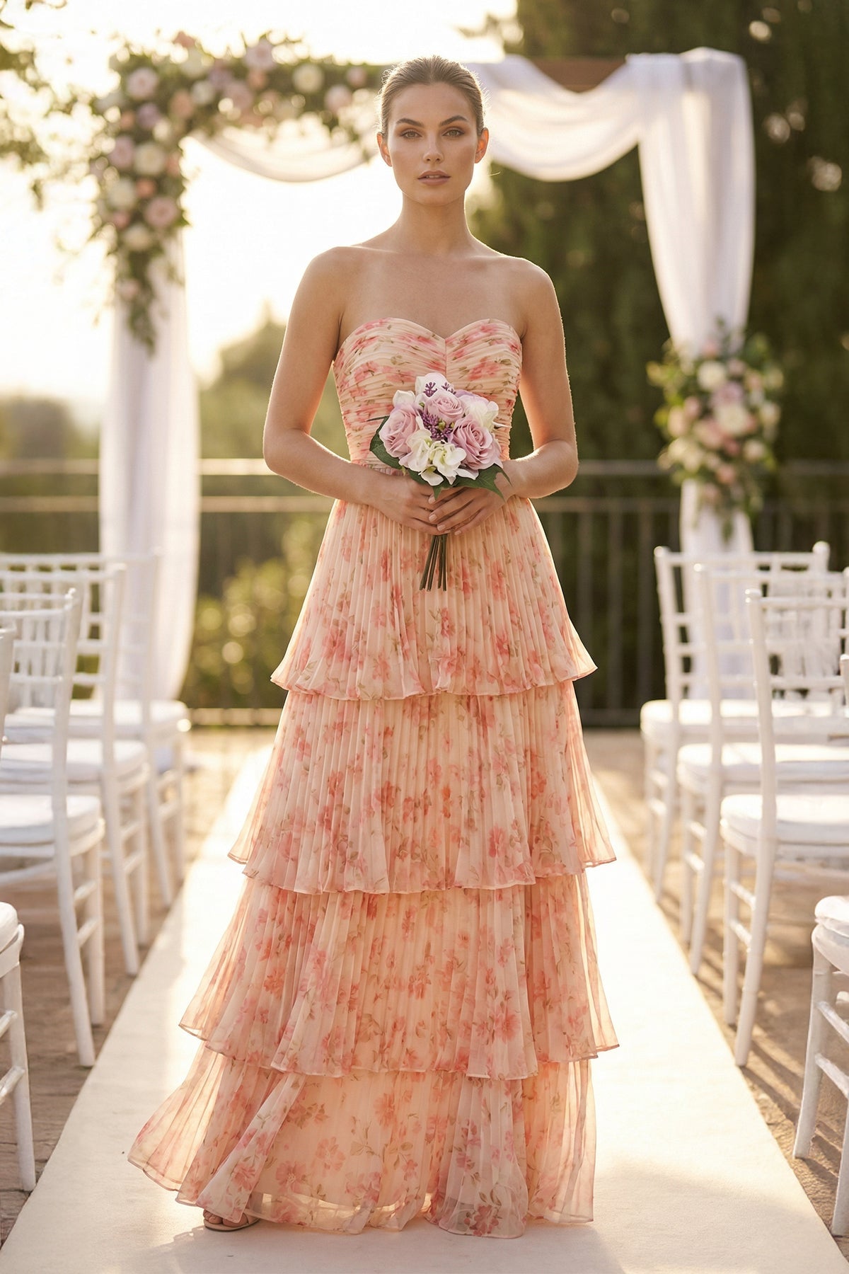 Robe demoiselle d’honneur pink floral longue sans manches plissée à volants - Harana