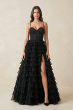 Robe longue noire en tulle avec fente - Harana