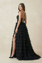 Robe longue noire en tulle avec fente - Harana