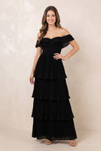 Robe noire longue en mousseline à épaules dénudées plissée - Harana