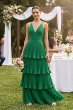 Robe demoiselle d’honneur vert foncé longue col V sans manches plissée - Harana