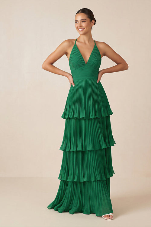 Robe de demoiselle d’honneur vert foncé longue en mousseline coupe trapèze à col V plissée - Harana
