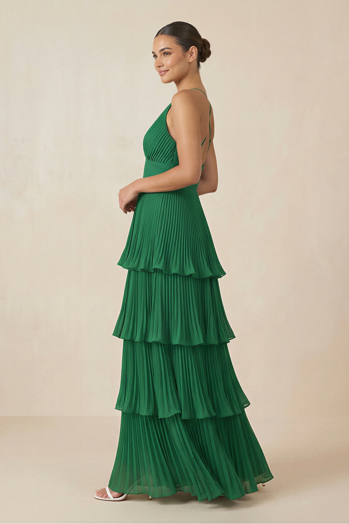 Robe demoiselle d’honneur vert foncé longue col V sans manches plissée - Harana