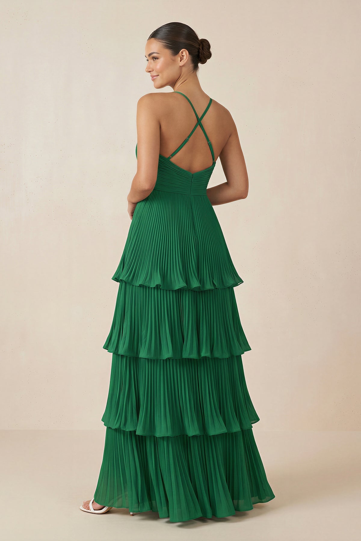 Robe demoiselle d’honneur vert foncé longue col V sans manches plissée - Harana