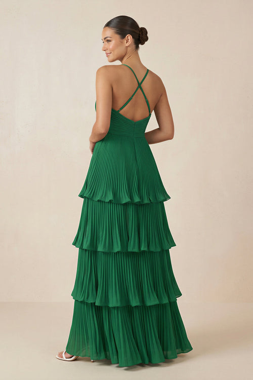 Robe de demoiselle d’honneur vert foncé longue en mousseline coupe trapèze à col V plissée - Harana
