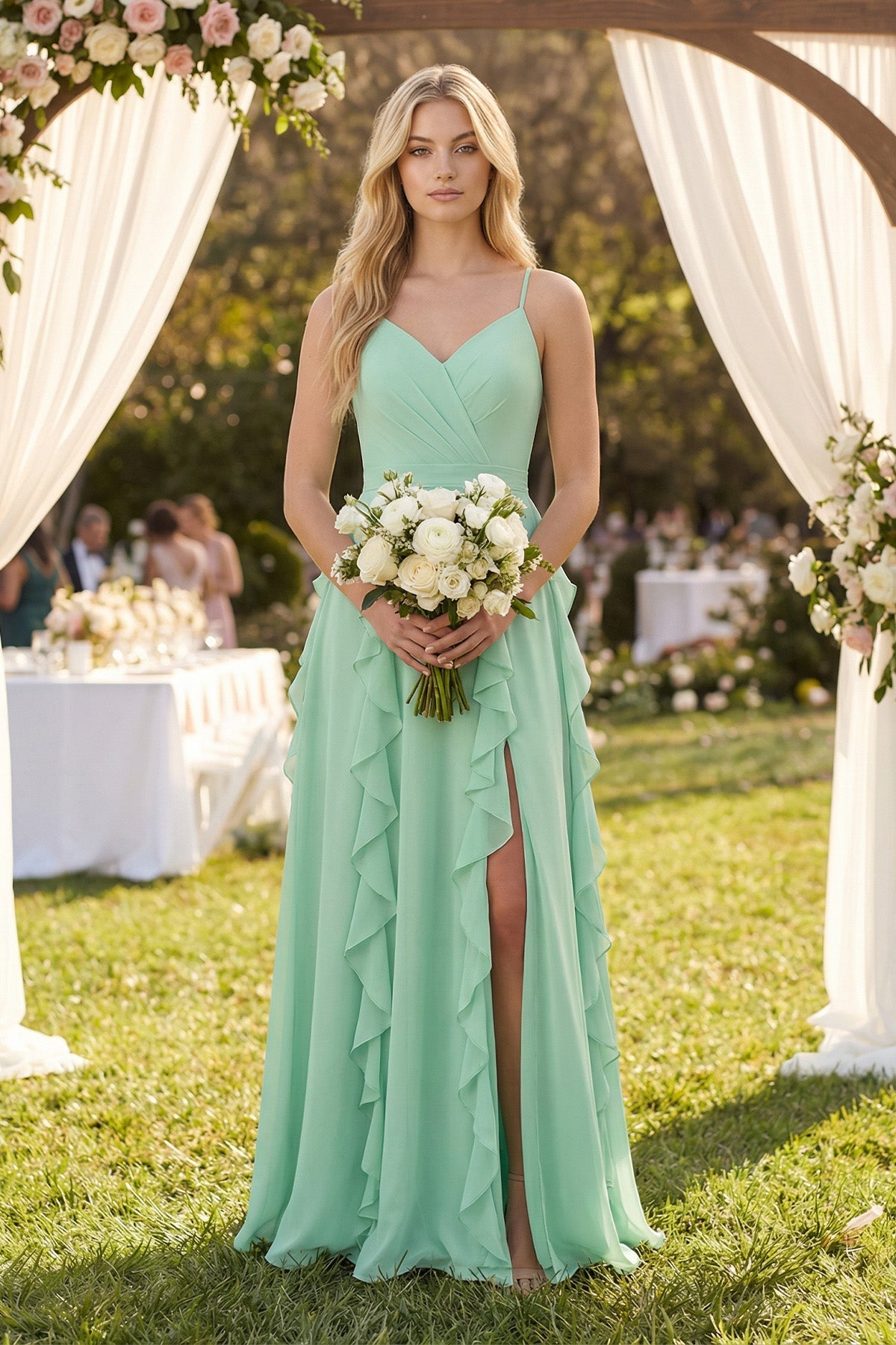 Robe demoiselle d’honneur pale pistachio longue à fines bretelles sans manches avec fente - Harana