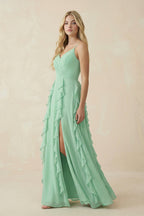 Robe demoiselle d’honneur pale pistachio longue à fines bretelles sans manches avec fente - Harana