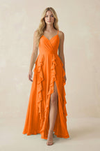 Robe longue orange en mousseline coupe trapèze à volants - Harana
