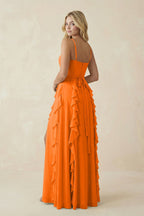 Robe longue orange en mousseline coupe trapèze à volants - Harana