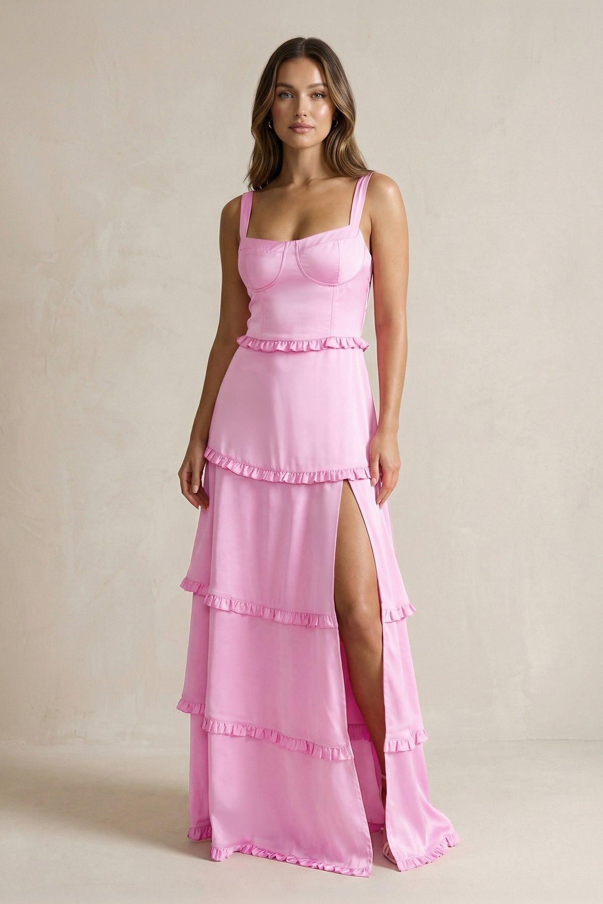 Robe demoiselle d’honneur rose longue sans manches avec fente effet drapé - Harana