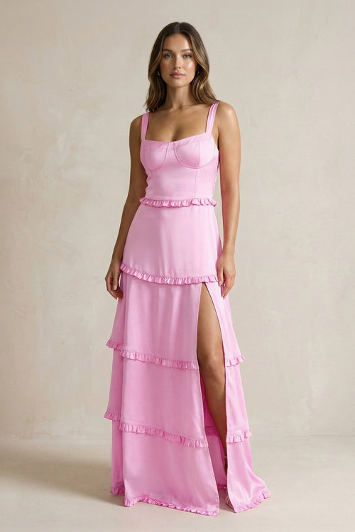 Robe de demoiselle d’honneur rose longue coupe trapèze ornée de volants avec fente - Harana