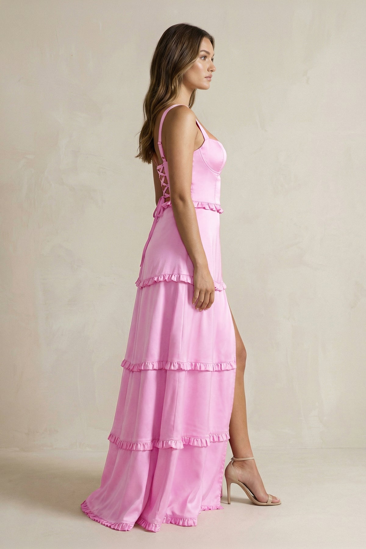 Robe demoiselle d’honneur rose longue sans manches avec fente effet drapé - Harana