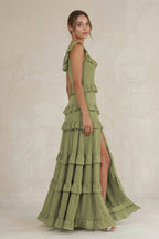 Robe demoiselle d’honneur moss green longue sans manches effet drapé à volants - Harana