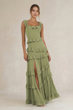 Robe demoiselle d’honneur moss green longue sans manches effet drapé à volants - Harana