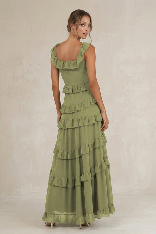 Robe de demoiselle d’honneur vert mousse longue coupe trapèze à encolure carrée ornée de volants - Harana