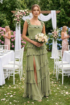 Robe demoiselle d’honneur moss green longue sans manches effet drapé à volants - Harana