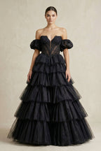 Robe de mariée noir longue à épaules dénudées en tulle - Harana