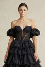 Robe de mariée noir longue à épaules dénudées en tulle - Harana