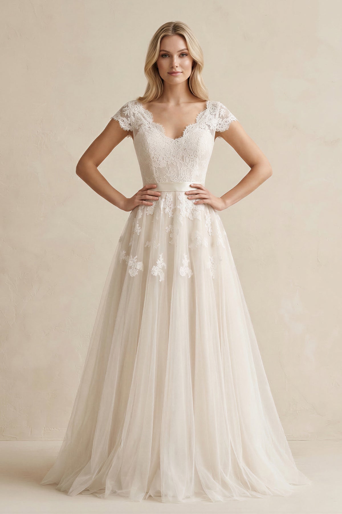 Robe de mariée ivoire trapèze en dentelle à col V - Harana