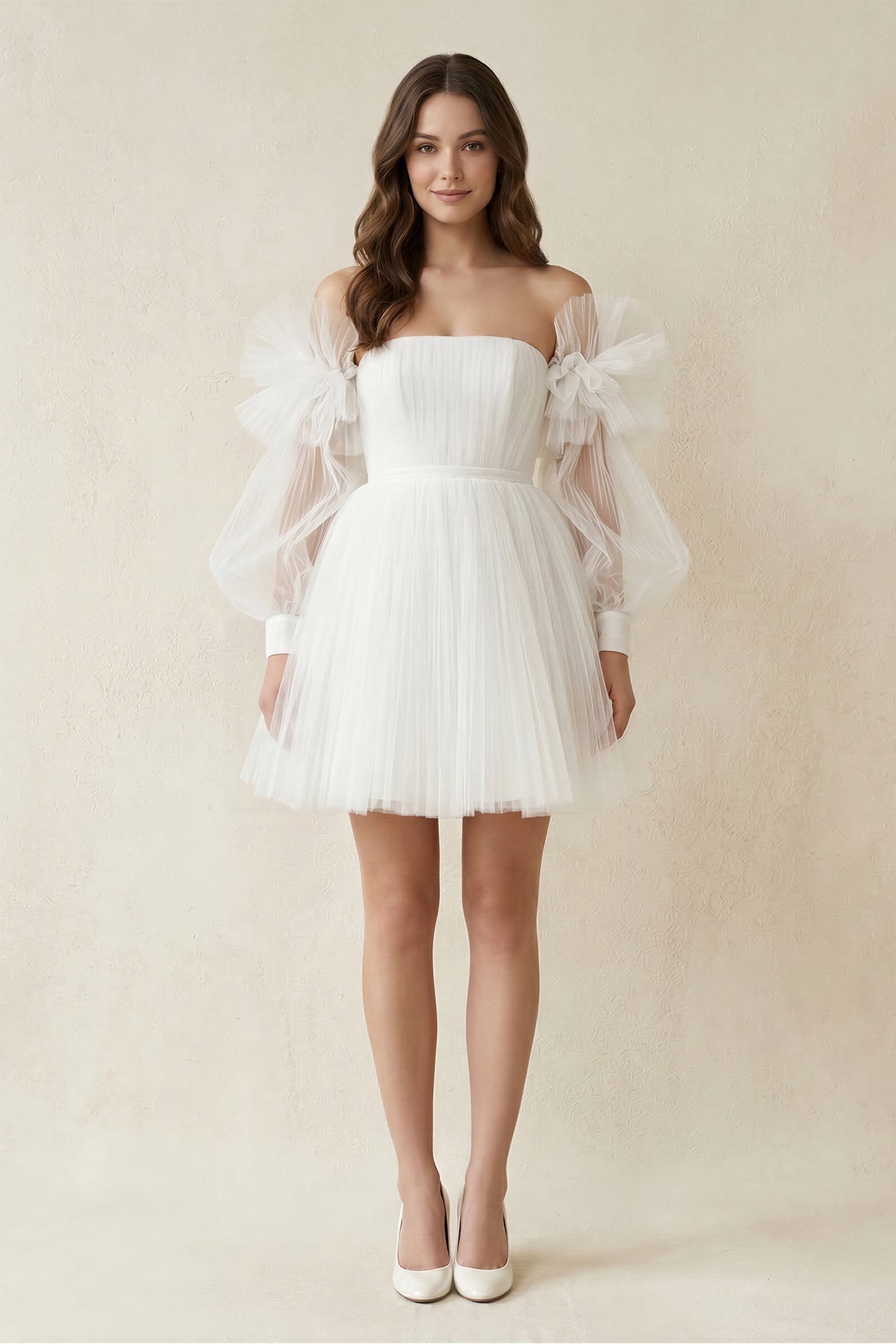 Robe de mariée ivoire trapèze en dentelle à épaules dénudées manches longues - Harana