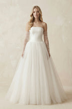 Robe de mariée ivoire longue bustier manches longues froncée - Harana