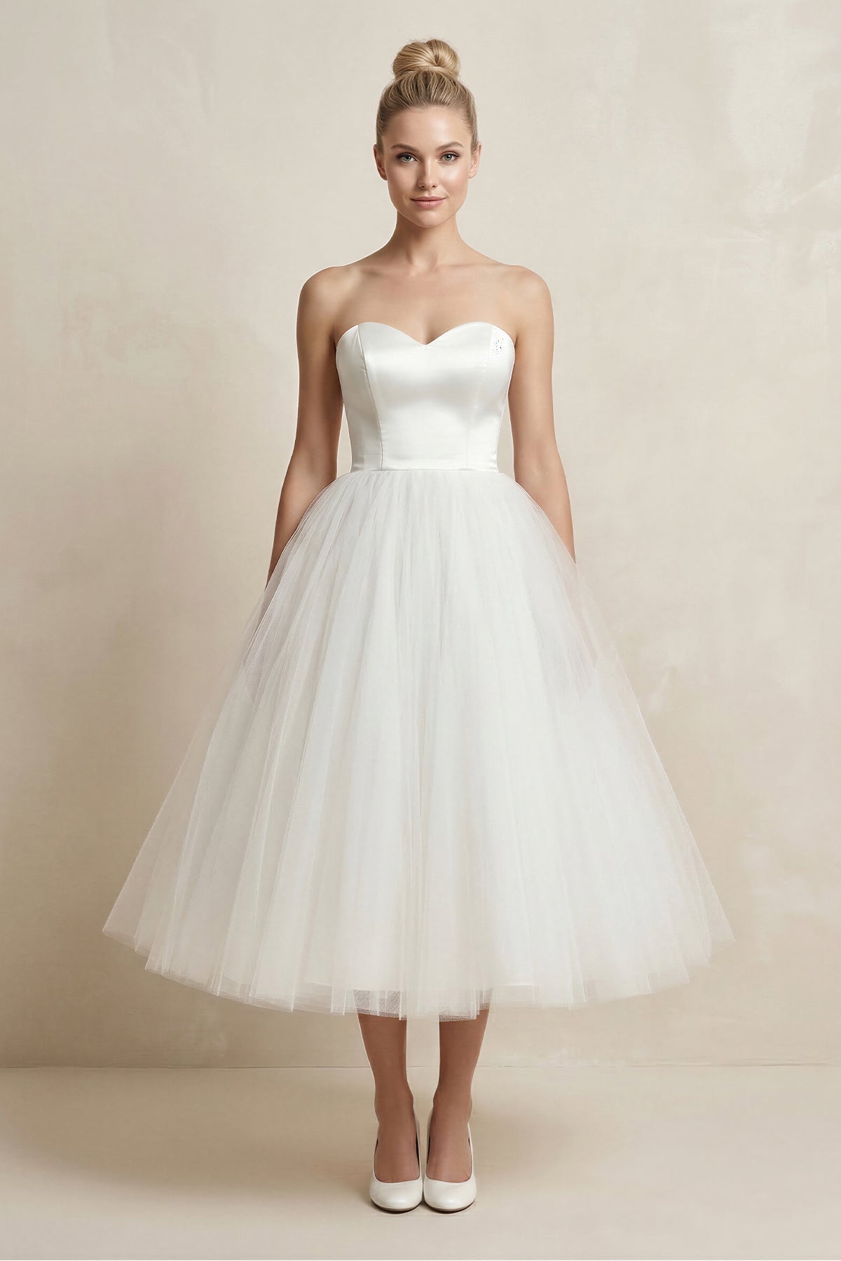 Robe de mariée blanc midi sans manches froncée à dentelle - Harana