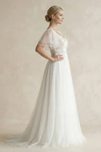 Robe de mariée blanche trapèze en dentelle à col V manches courtes - Harana