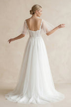 Robe de mariée blanche trapèze en dentelle à col V manches courtes - Harana