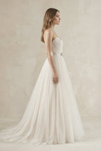 Robe de mariée ivoire courte sans manches plissée en tulle - Harana