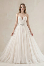 Robe de mariée ivoire courte sans manches plissée en tulle - Harana