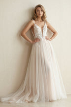 Robe de mariée ivoire trapèze en tulle à col V sans manches - Harana