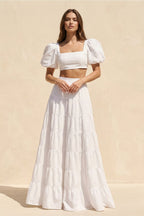 Robe longue blanc satinée coupe trapèze à volants - Harana