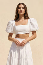 Robe longue blanc satinée coupe trapèze à volants - Harana