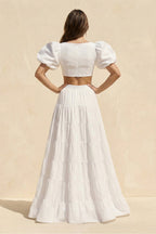 Robe longue blanc satinée coupe trapèze à volants - Harana