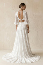 Robe de mariée blanche trapèze en dentelle à appliqués col carré - Harana