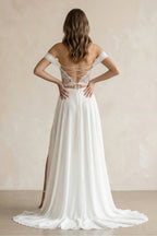 Robe de mariée blanche trapèze en mousseline à épaules dénudées avec fente - Harana