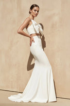 Robe longue blanc coupe sirène avec nœud - Harana