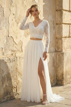 Robe de mariée ivoire trapèze en mousseline à col V manches longues - Harana