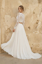 Robe de mariée ivoire trapèze en mousseline à col V manches longues - Harana
