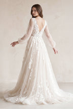 Robe de mariée blanc longue col V manches longues en tulle - Harana